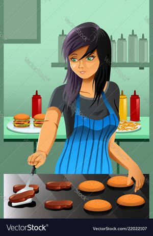 Flipping Burgers - Woman flipping burgers Royalty Free Vector Image