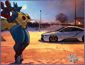 Cars Furry Porn - e621 2016 anthro anthrofied areola big_breasts big_butt black_fur blue_fur  bmw bracelet breast_squish breasts brown_nipples butt canine
