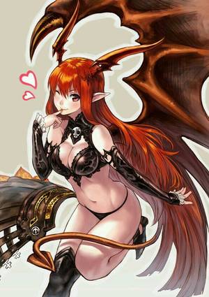 anime demon girl succubus - asymmetrical clothes bare shoulders black panties breasts cleavage demon  girl demon tail demon wings detached sleeves finger to mouth heart horns  kenji ...