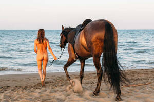 model walking on beach naked - Beautiful nude woman walking on the beach with her horse at sunset stock  photo