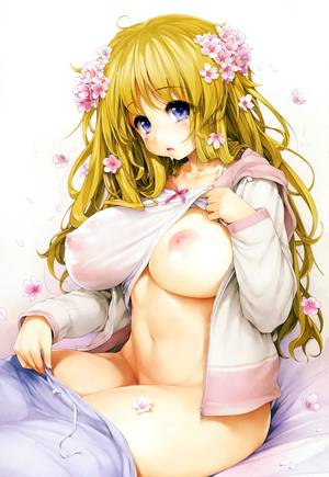 Anime Open Mouth Porn - ... blonde hair blue eyes blush breasts highres ishikei large breasts long  hair navel nipples no bra no panties open mouth shirt shirt lift sitting  solo