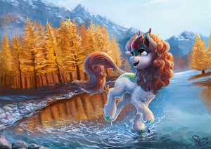 Autumn Blaze Porn - 1215028 - safe, artist:nemo2d, autumn blaze, kirin, sounds of silence,  awwtumn blaze, beautiful, cute, featured image, female, forest, golden  eyes, looking back, open mouth, river, scenery, scenery porn, smiling,  solo, splashing, technical