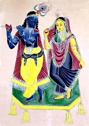 Indianography - Radha and Krishna, 1800s India, Calcutta, Kalighat painting, 19th century  black ink, color and silver paint, and graphite underdrawing on paper, ...