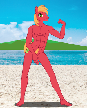 naked beach huge - 237036 - suggestive, artist:ledorean, big macintosh (mlp), earth pony,  equine, fictional species, mammal, pony, anthro, plantigrade anthro,  friendship is magic, hasbro, my little pony, beach, censoring, covering  crotch, drawn on phone, flexing,
