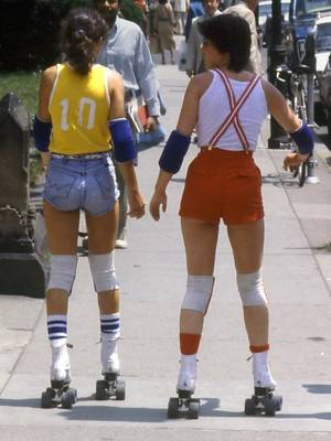 70s Roller Skate Porn - Shorts w/ suspenders, white socks w/ colored stripes & roller skates