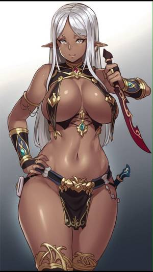 anime elf hentai big tits - armlet bracer breasts bridal gauntlets curvy dark elf dark skin earrings elf  female gradient gradient background groin hand on hip houtengeki jewelry  knife ...