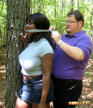 fat tied breasts - Fat black woman gets her t-shirt ripped and her monster tits roped by fat  master in the forest