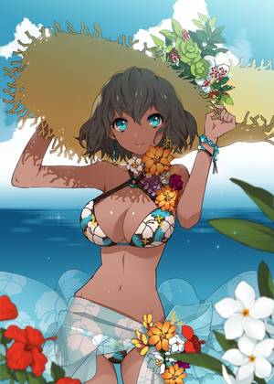 anime bikini dress up games - bikini blue eyes blurry bracelet breasts brown hair cleavage cowboy shot  dark skin day depth of field earrings floral print flower halterneck hands  on ...