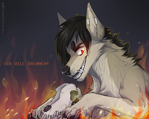 Furry Porn Feral 2016 - 243823 - safe, artist:dethscript, oc, oc only, canine, mammal, feral, 2016,  black hair, bone, cream body, cream fur, fire, fur, german text, glowing,  glowing eyes, grin, hair, male, red eyes, skull, smiling,