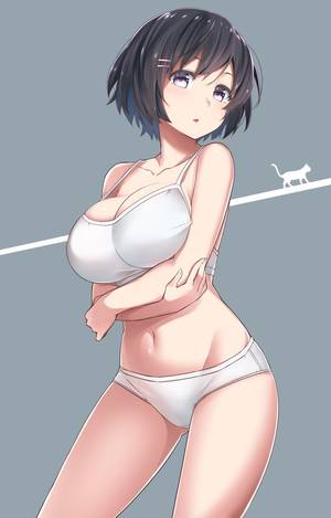 massive anime boobs sleep - bakemonogatari black hair blush breast hold breasts cat cleavage hair  ornament hanekawa tsubasa highres large breasts monogatari (series) navel  ninnzinn ...