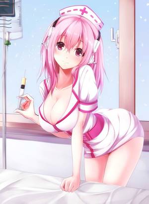 Anime Nurse Porn Comicsexy - absurdres bed sheet blush breasts cleavage hat headphones highres large  breasts long hair looking at viewer nicoby nitroplus nurse nurse cap pink  eyes pink ...