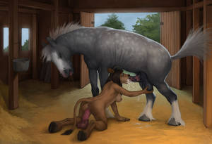 cartoon furry sex games - 2013 all_fours anthro anthro_on_feral anthromorph anus ball_fondling balls  barn black_nose bovine breasts brown_hair brown_skin character_request ...