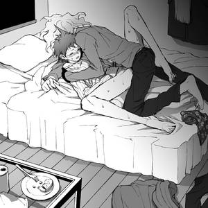 Dangan Ronpa Gay Porn - ... 2boys ahoge bed blush bottomless boxers censored closed_eyes danganronpa  food fork gay hinata_hajime male male_only missionary ...