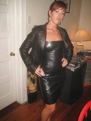 leather dress - hot redhead in leather outfit