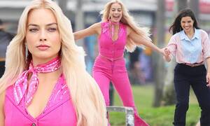 America Ferrera Porn - Margot Robbie inline skates while hand-in-hand with America Ferrera on LA  set of Barbie movie | Daily Mail Online