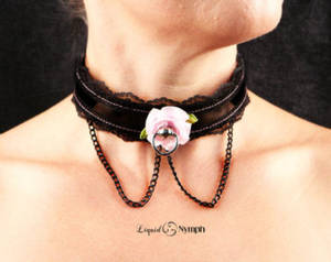 bdsm collars panties clothes pins - BDSM Collar Gothic Lolita Choker Bondage Leather w Satin Ribbon Rose Lace  Trim Corset Back Day