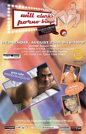 Lesbian Violence - Will Clark's Porno Bingo August Guest hosts Spike and AB - Featuring XXX  hottie Brandon Aguilar. Benefiting the Gay/Lesbian Anti-Violence Project.