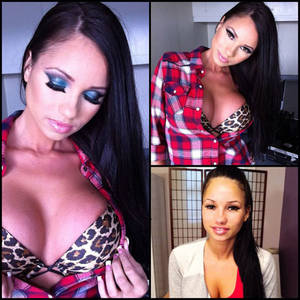 black porn stars without makeup - Raven Bay, porn actress, before and after makeup comparison photo.