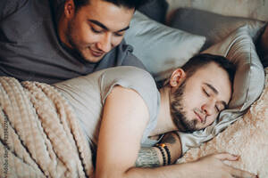 Gay Sleep Sex - Erotic gay caucasian couple bonding at bed, sleeping, tired after sleepless  hot night, Same-sex relationship and family concept. Stock Photo | Adobe  Stock