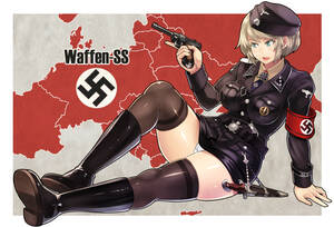 German Anime - cov-r, original, bad id, bad pixiv id, 1girl, arm support, armband, blonde  hair, boots, breasts, cross, german text, green eyes, gun, handgun, hat,  impossible clothes, iron cross, knee boots, knife, large breasts,