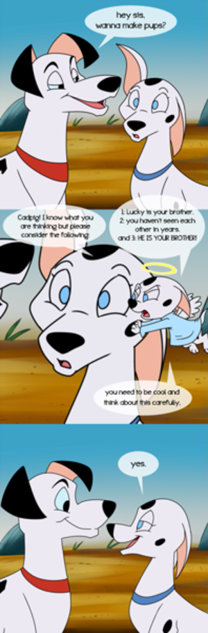 101 Dalmatians Cadpig - 235807 - artist needed, suggestive, cadpig (101 dalmatians), lucky (101  dalmatians), canine, dalmatian, dog, mammal, feral, 101 dalmatians, disney,  comic, duo, female, implied incest, male, older, siblings - Furbooru