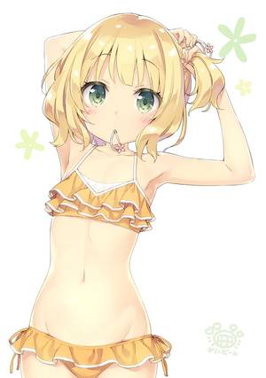 flat chested girl cartoon porn - adjusting hair armpits arms up bikini blonde hair blush bob cut cowboy shot  fingernails flat chest frilled bikini frills gochuumon wa usagi desu ka?  green ...
