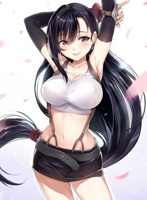 Anime Goddess Fire Porn - armpits arms up black hair breasts cleavage crop top earrings elbow gloves  final fantasy final fantasy vii fingerless gloves gan (shanimuni) gloves  highres ...