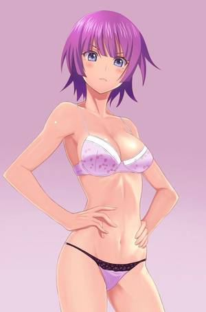 anime standing nude - ... highres looking at viewer monogatari (series) panties purple hair  senjougahara hitagi shiny shiny skin short hair solo standing takahirokun  underwear