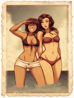 Korra And Katara Big Tits - 2girls ;) alternate_hair_length alternate_hairstyle arm_around_shoulder  arms_behind_back asami_sato avatar:_the_last_airbender bikini breasts  cleavage ...