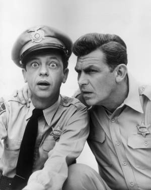 Andy Griffith Show Fake - Promotional photo of Don Knotts as Deputy Barney Fife and Andy Griffith as  Sheriff Andy Taylor