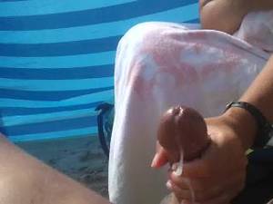 huge cumshot on beach - Wife jerking my big cock off again at the nude beach, big cumshot, so