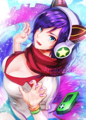 kitsune huge breasts anime - ahri alternate costume animal ears arcade ahri bibiko blue eyes bracelet  breasts character name cleavage fang fox ears fox tail headphones jewelry  large ...