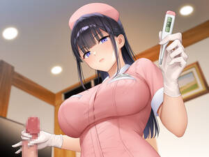 Anime Gloves Porn - Rule 34 - 1boy 1girls black hair blurry blurry background breasts censored  depth of field expressionless female from below gloved handjob gloves  handjob hat highres holding holding thermometer indoors large breasts latex