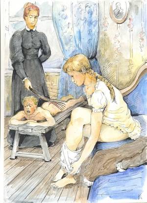 anime spanking art - Mother birching her son as her daughter undresses for her turn on the  birching stool.