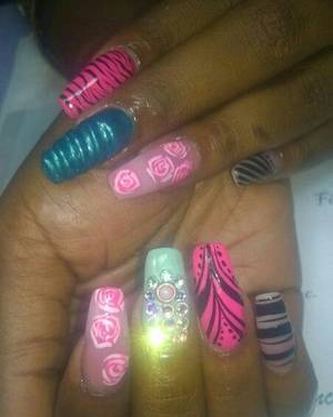 nail - Easter kolors Nail Art Roses hand Painted design COFFIN STYLE NAILS,WITH  LOTS OF BLINGS. '