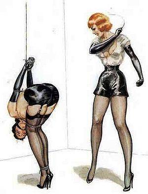 femdom spanking magazines - F/F spanking art by John Willie, from Bizarre magazine.