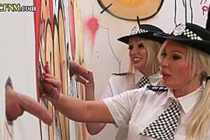 Group Glory Hole - CFNM group of amateur police ladies tugging gloryhole cocks