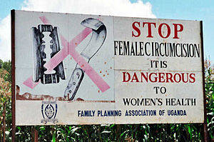 Genital Mutilation Death Note Porn - Billboard with surgical tools covered by a red X. Sign reads: STOP FEMALE  CIRCUMCISION