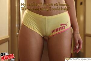 Cameltoe Porn Captions - Friends, No Panties Hotwife Caption â„–7698: Wife's camel toe in yellow  shorts welcoming a friend