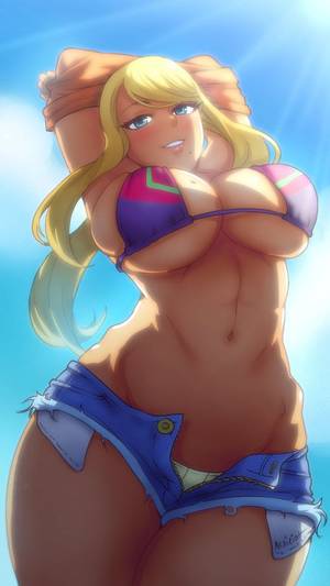 hentai bikini top off - akairiot armpits arms behind head arms up artist name bikini top blonde  hair blue eyes blue sky blush breasts cleavage cloud denim denim shorts  female ...