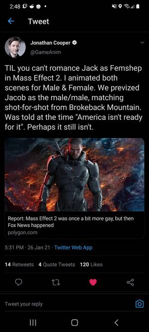 Mass Effect 3 Lesbian Porn - Jacob Was Supposed To Be A Bisexual Romance Option Too? Who Else Was Cut?  (Besides Jack, Tali, Miranda, Thane, & Kaiden) : r/masseffect