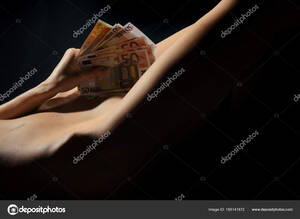 erotic hand - Money euro notes in hand of naked girl. Sex for money. Prostitute and sexy  business. Porn and erotic. Vagina and pubis with money.