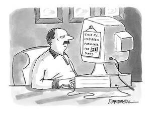 computer cartoon porn - Man at a computer with a sign that reads, 'This P.C. Has Been Porn Free foâ€¦  - New Yorker Cartoon' Premium Giclee Print - C. Covert Darbyshire | Art.com