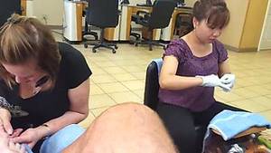 flashing - Cock flash and jack off cum shot while getting pedicure