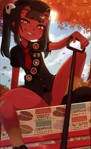 Girl Scout Hentai Porn - merunyaa, meruccubus (merunyaa), original, oni horns, bad id, bad pixiv id,  highres, 1girl, aged down, artist name, autumn, badge, bandaid, bandaid on  knee, bandaid on leg, black footwear, black hair, black headwear,