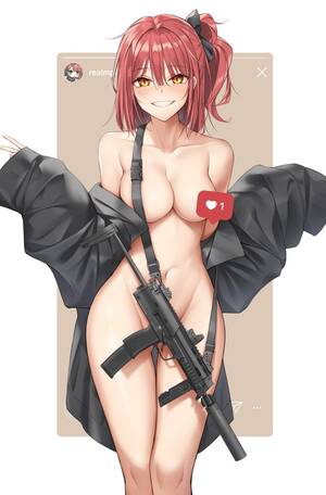 naked anime girls guns - Rule 34 - bangs blush breasts censored coat collarbone convenient censoring  female girls' frontline grin groin gun hair ribbon hands up highres looking  at viewer medium breasts mp7 (girls' frontline) mp7 (girls