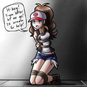 hilda and bondage cartoons - magnolia-baillon, hilda (pokemon), creatures (company), game freak,  nintendo, pokemon, pokemon bw, highres, 1girl, arms behind back, bare  shoulders, bdsm, black footwear, black vest, blue eyes, blue shorts, bondage,  bound, bound arms, bound