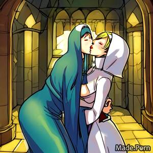 hentai lesbians hugging - Porn image of kissing lesbian hentai church nun created by AI
