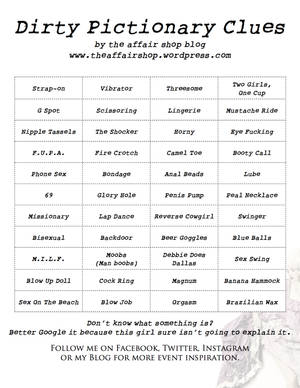 dirty party games - Bachelorette Party Games! - Free Dirty Pictionary Clue Download - The  Affair Shop Blog