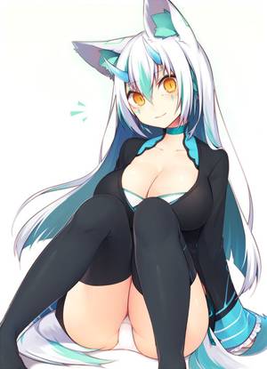 kitsune huge breasts anime - Anime picture with original muryotaro long hair single tall image looking  at viewer light erotic breasts smile simple background white fringe blue  hair ...